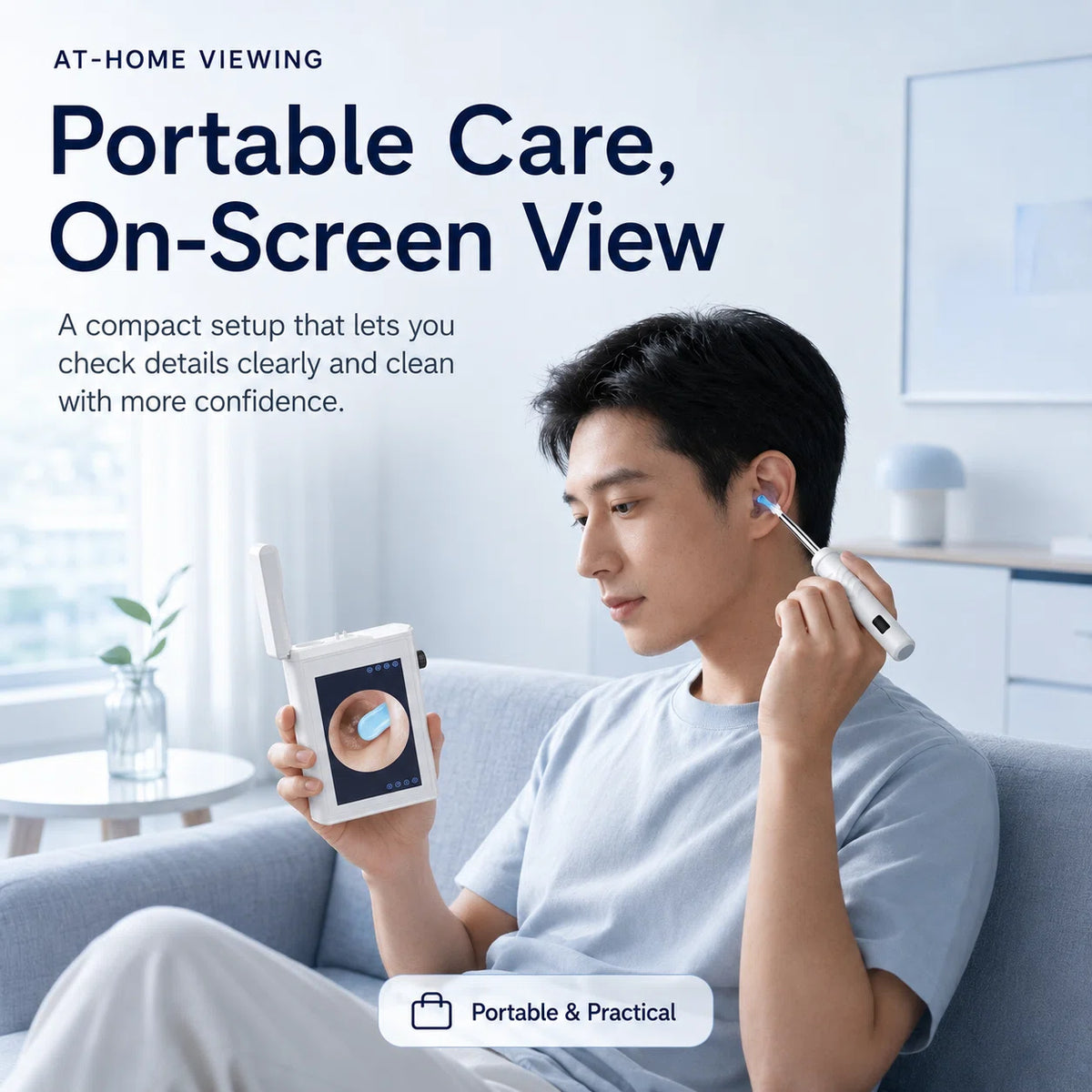 Man using Sofbunny A07 visual ear care kit with portable on-screen viewing at home