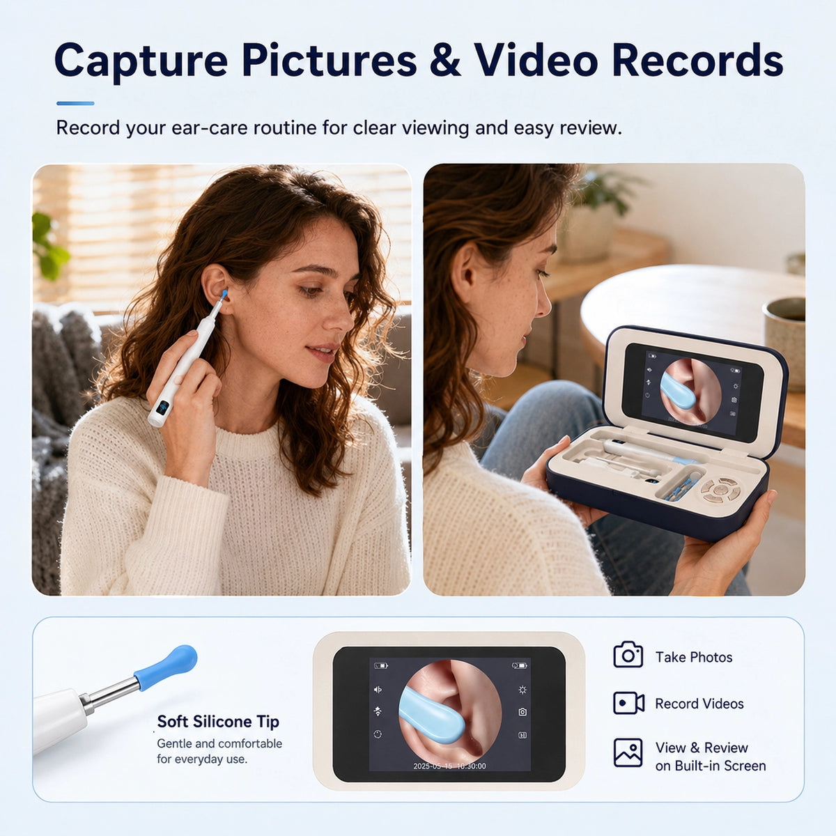 Woman using Sofbunny A03 visual ear cleaner with photo and video recording on the built-in screen