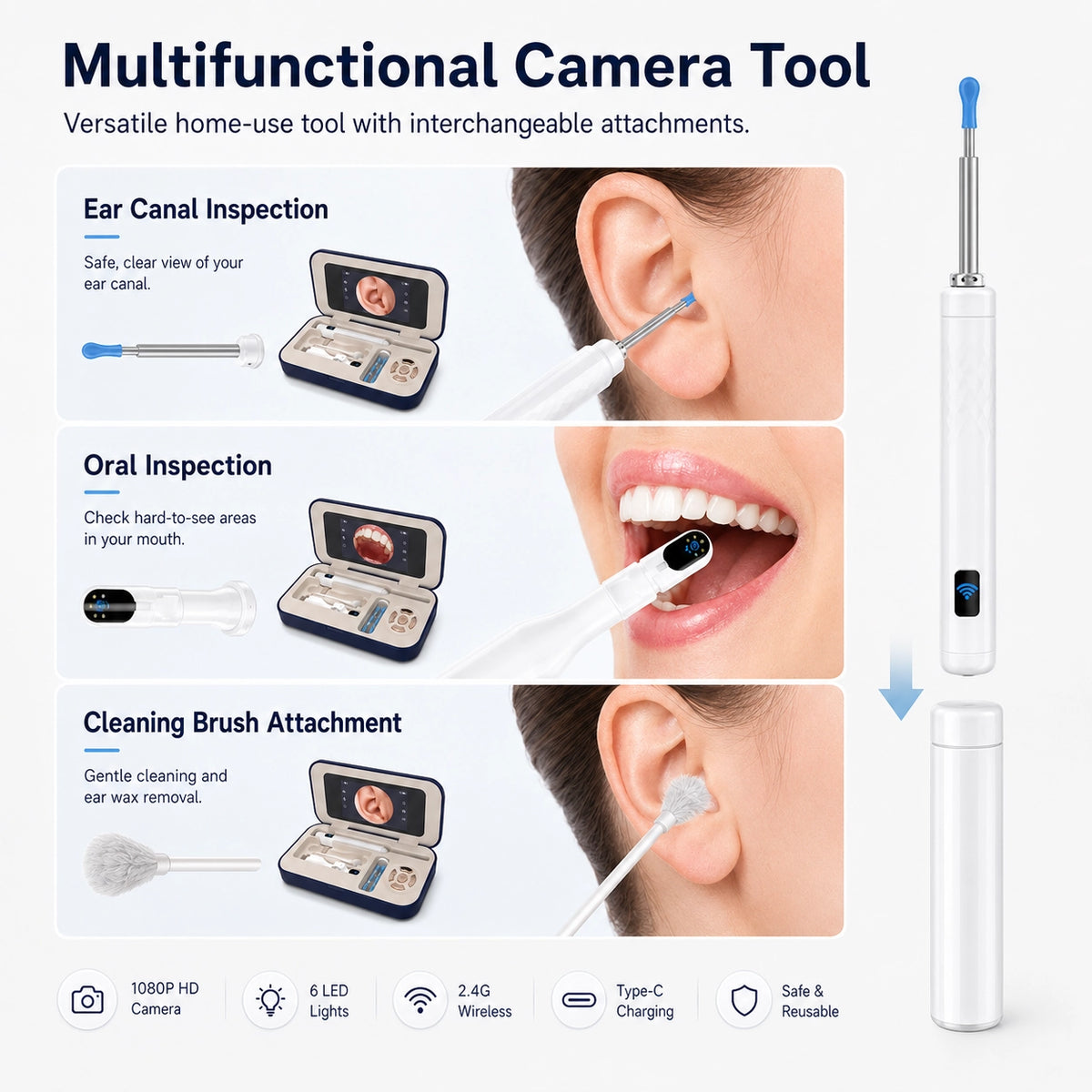 Sofbunny A03 multifunctional visual care tool with ear, oral and cleaning attachments