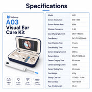 Sofbunny A03 visual ear care kit specifications with screen, battery, charging and size details