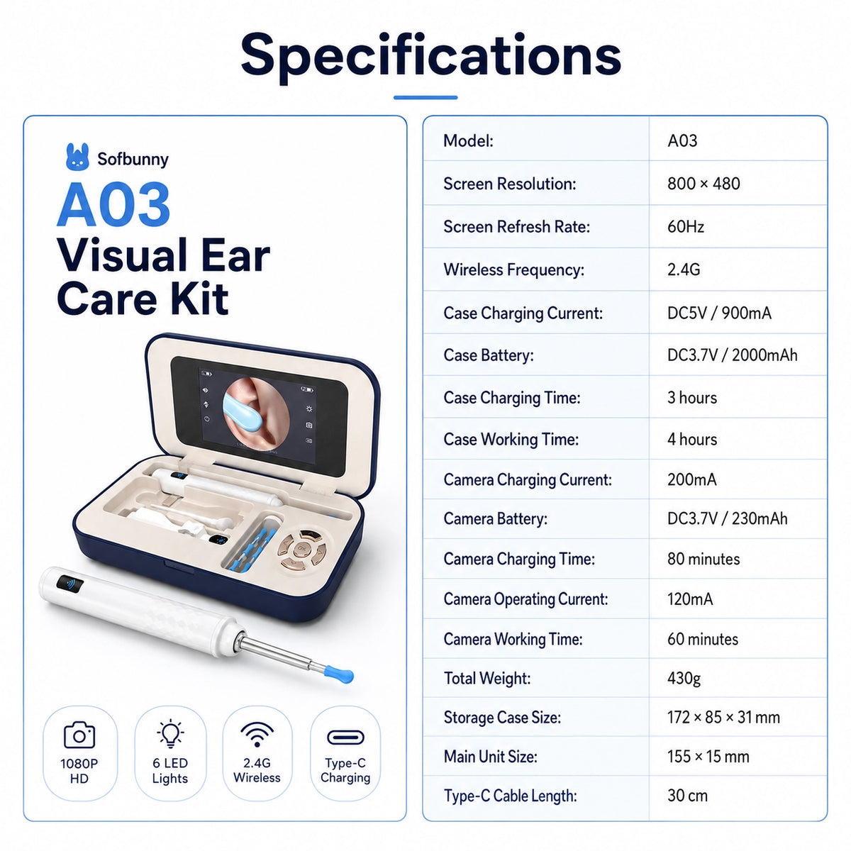 Sofbunny A03 visual ear care kit specifications with screen, battery, charging and size details