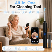 Woman using a Sofbunny visual ear cleaner with smartphone app and 1080P camera