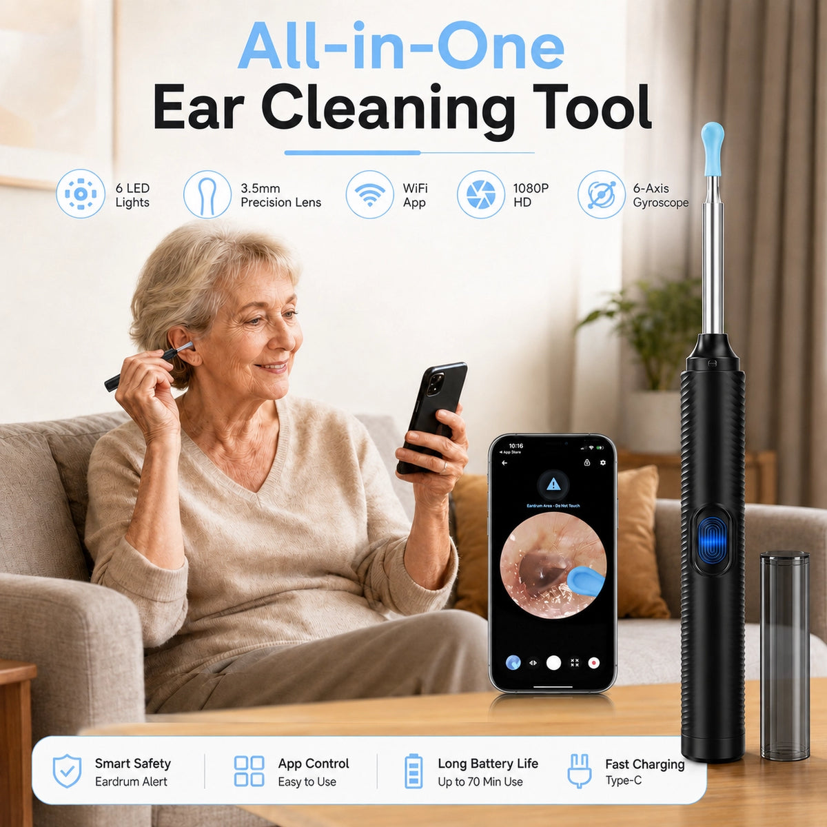 Woman using a Sofbunny visual ear cleaner with smartphone app and 1080P camera