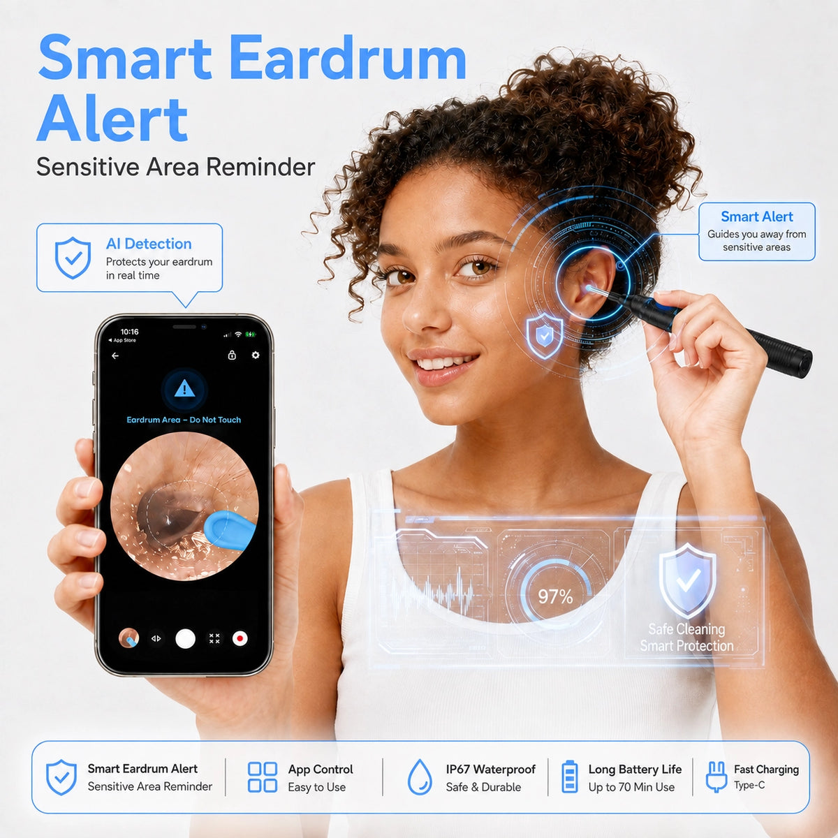 Woman using Sofbunny visual ear cleaner with smart eardrum alert and smartphone app