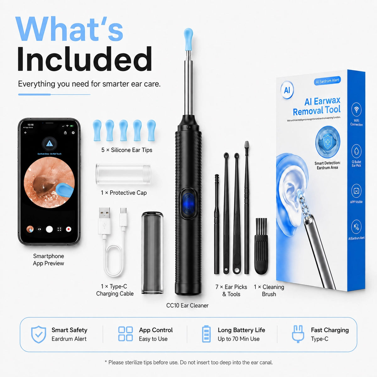 Sofbunny CC10 visual ear cleaner kit with smartphone app, silicone ear tips and accessories