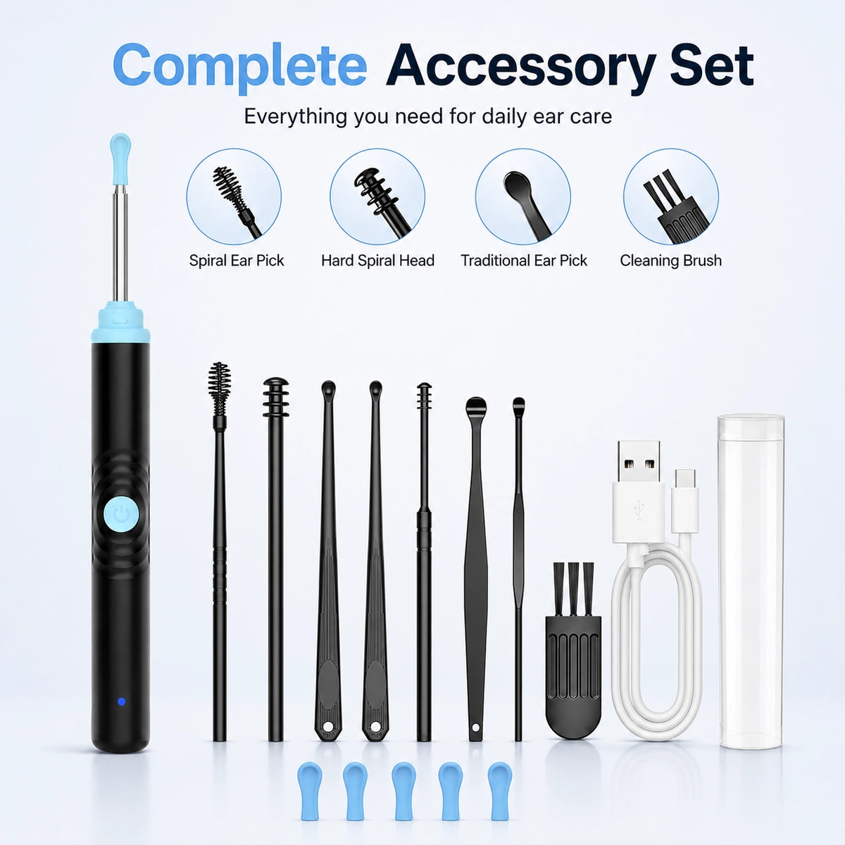 Sofbunny S2 visual ear cleaner with complete accessory set, silicone tips and Type-C charging cable