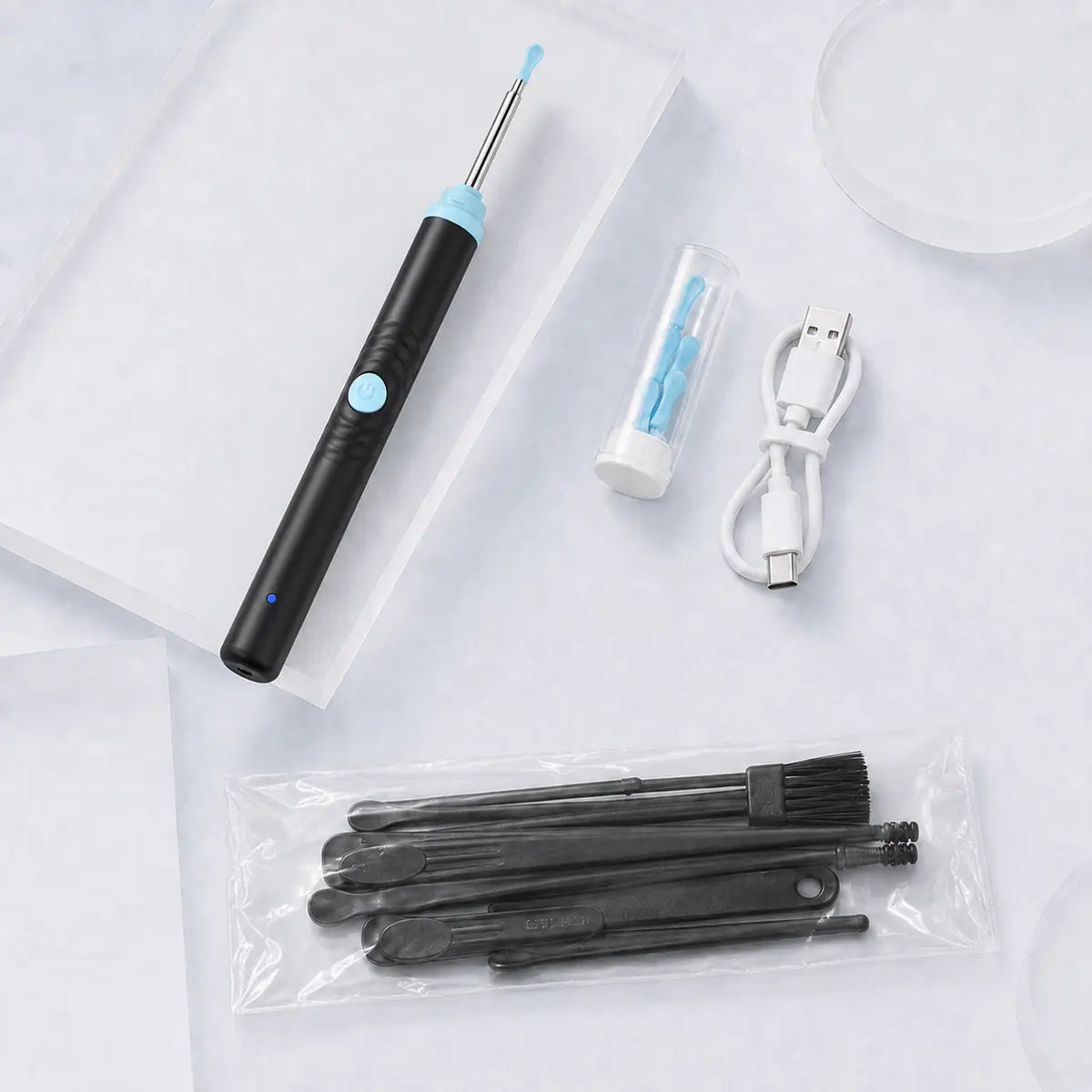 SOFBUNNY S2 visual ear cleaner with accessory set, five silicone tips and Type-C charging cable